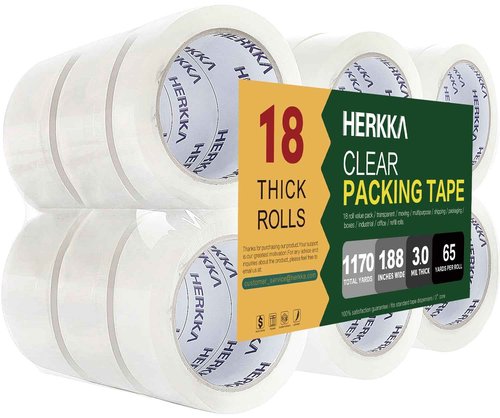 HERKKA Clear Packing Tape, 18 Rolls Heavy Duty Packaging Tape for Shipping Packaging Moving Sealing, 3 Mil Thick Clear Packing Tape, 1.88 inches Wide, 65 Yards Per Roll, 1170 Total Yards