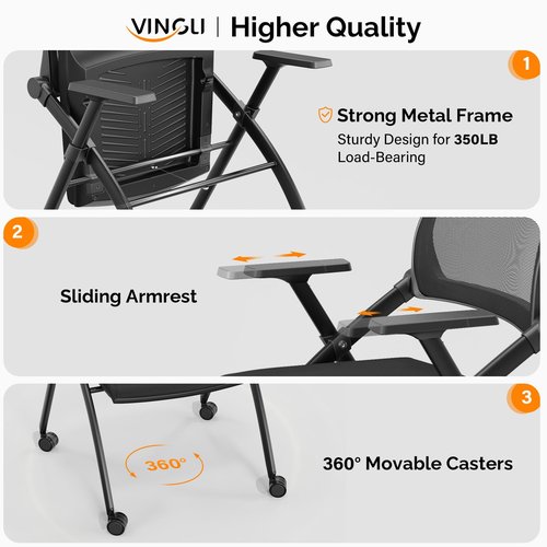 VINGLI 8 Pack Stackable Conference Room Chairs with Wheels, Folding Office Chair with Rebound Back, Padded Seat for Training Room, Guest, Reception, Event, Capacity 350lbs, Black