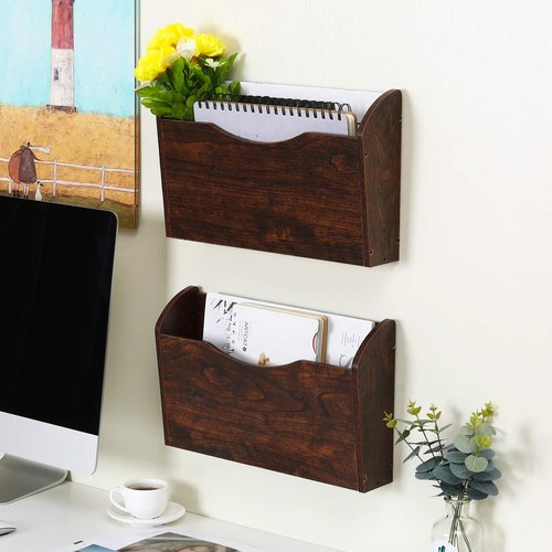 PAG Wall File Holder Wall Mounted Wood Hanging File Organizer for Office, 2 Pockets, Brown