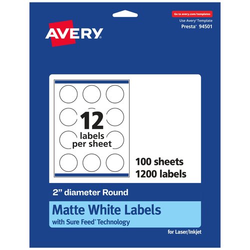 Avery Matte White Round Labels, Sure Feed Technology, 2" Diameter, 1,200 Matte White Printable Labels