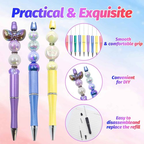 DASTTUIS 300 Pieces DIY Beadable Pen Kit – 100 Plastic Ballpoint Pens with Refills & Bags – School Supplies, Office Accessories & Decorative Items for Students & Teachers (Dreamy Soft Palette)