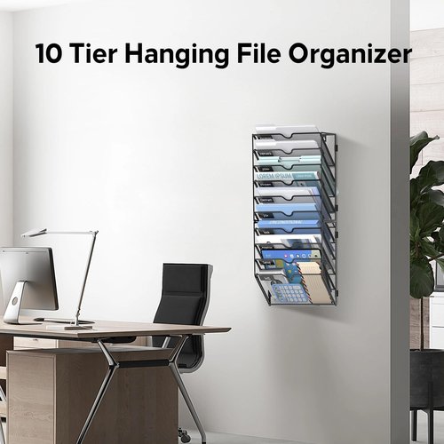 JMHUD 10 Tier Wall File Organizer Office Hanging Mail Holder Wall Mounted, Mesh Paper Document Organizer for Office Home School, Black