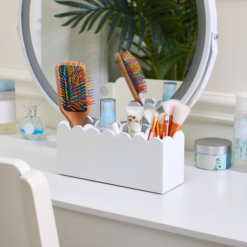 Sherr Scalloped Wooden Pencil Holder for Desk Wooden Office Desk Organizers and Accessories with 4 Compartments Cute Makeup Brush Holder Organizer for Bathroom Remote Caddy for Table for Party