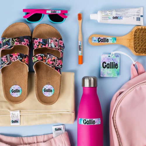Mabel’s Labels Waterproof, Laundry-Safe Sleepaway Camp Label Pack – Laundry-Safe Kids' Name Labels That Peel and Stick to Clothing Care Tags – 112 lables and 2 Bag Tags - Crumple Tie Dye