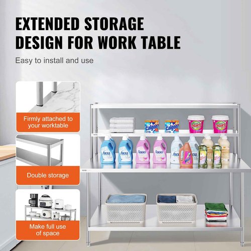 VEVOR Double Tier Stainless Steel Overshelf, 12 x 72 Inch Double Deck Height Adjustable Prep Work Table for Kitchen, Restaurant and Workshop