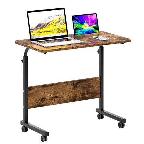 sogesfurniture Rolling Laptop Desk Cart Height Adjustable Sofa Workstation, 31.4 inches Mobile Sofa Side Table with Tablet Slot & Wheels, Portable Standing Laptop Table Desk, Rustic Brown