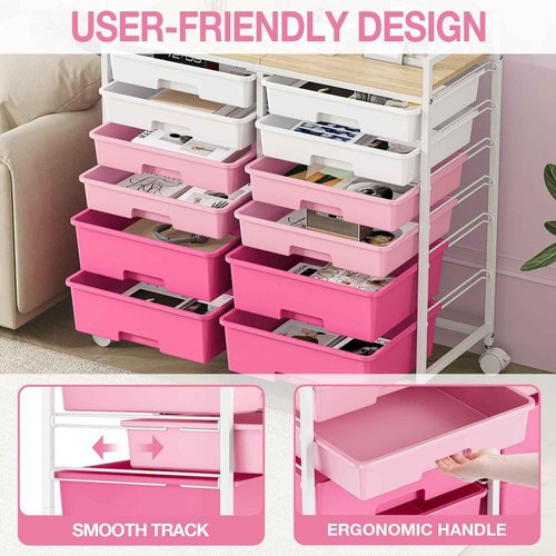 Rolling Storage Cart with 12 Drawers, Wooden Tabletop Utility Cart for Craft Storage, Art Supply Storage & Home Office Organization, Teacher Cart with Wheels for Classroom, School (Pink)