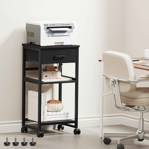 Korfile Printer Stand with Storage, Small Rolling Printer Table for Home Office, 3-Tier Printer Cart with Wheels, Modern Industrial Nightstand with Drawer, Side Table for Living Room,Bedroom, Black