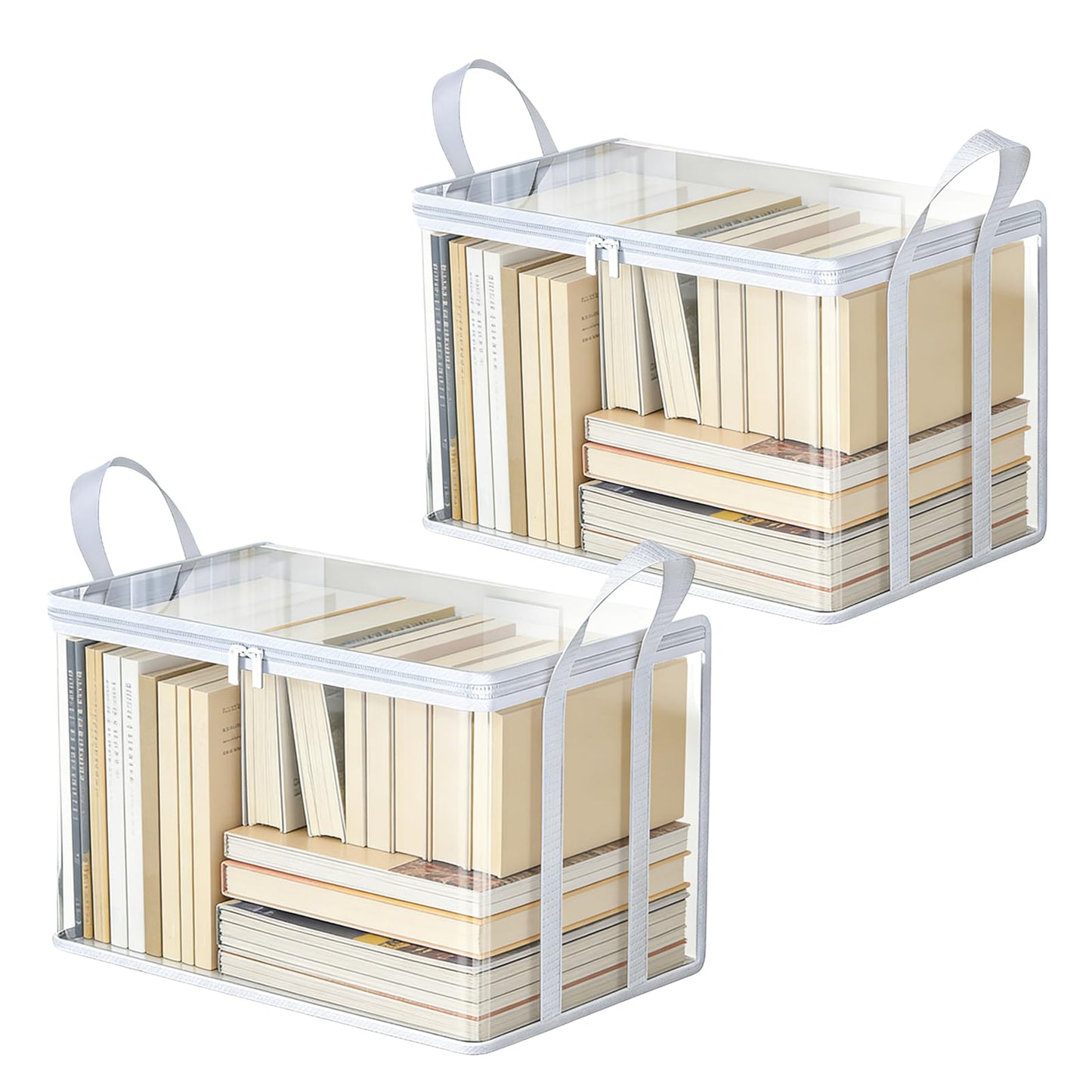 2-Pack Large Clear Book Storage Bags - Waterproof Plastic Comic Book Bin with Carrying Handles - Portable Book Display Case & Closet Organizer for Used Books, DVDs and Magazines - 15" x 9.5" x 12.5"