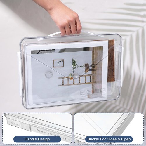 mekueeex 4 Packs File Box Clear Portable Project Case with Handle Plastic Stackable Paper Storage Box Document Magazines File Boxes Holder for A4 Letter File Scrapbook Storage Photo Protector Case