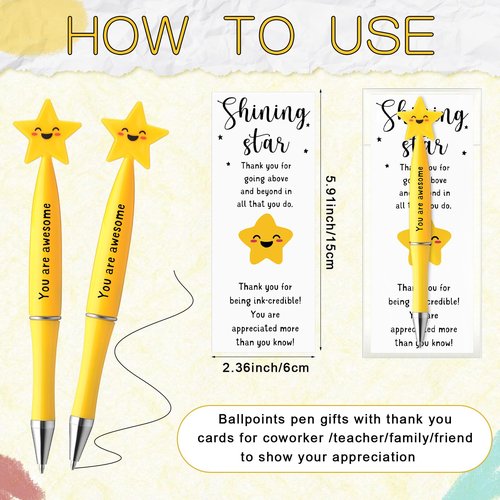 Qilery Employee Appreciation Gifts Bulk Inspirational Star Ballpoint Pens with Motivational Cards Thank You Gifts Back to School Supplies for Teachers Students Coworkers Staff Team(50,Awesome)