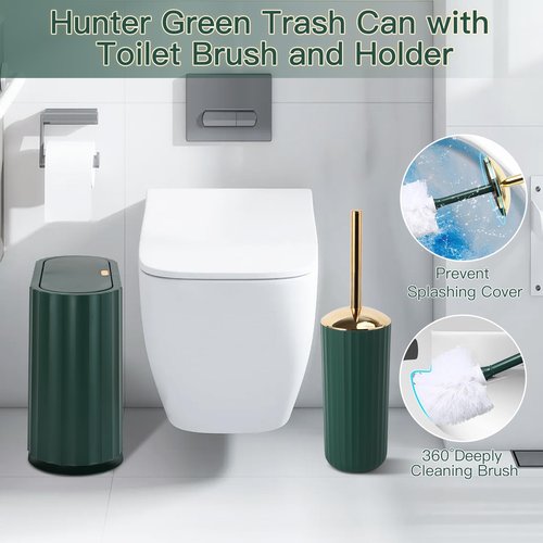 XLHOMO Small Bathroom Trash Can with Press Type Lid, Toilet Brush and Holder Set,Slim Dark Green Bathroom Garbage Can, Slim Narrow Trash Bin 2.6 Gallon Garbage Bin, 75Counts Trash Bags