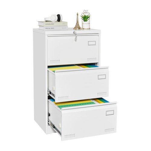 Jintop 3 Drawer Lateral File Cabinet with Lock and Card Holder, Multifunctional Metal Filing Cabinets w/Heavy 3 Section Slide Rail & Breathable Holes,for Legal/Letter/A4,White