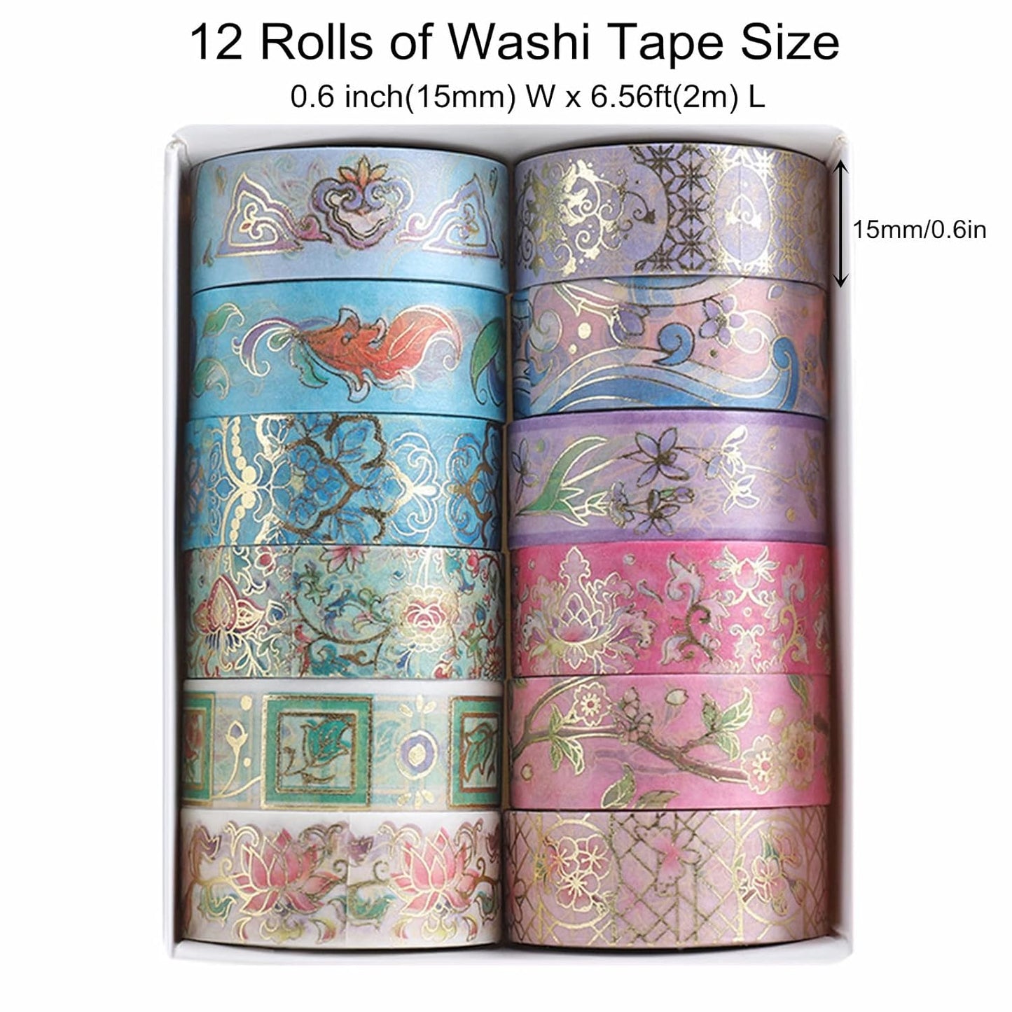Skiennix Floral Washi Tape Set - 12 Rolls of Gold Foil Botanical Decorative Tape for Scrapbooking & Crafts