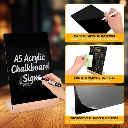 Pintuson Mini Chalkboard Signs - 4 Pack Double-Sided Acrylic Boards - 8x6 Inch with Beech Base for Menus & Table Numbers