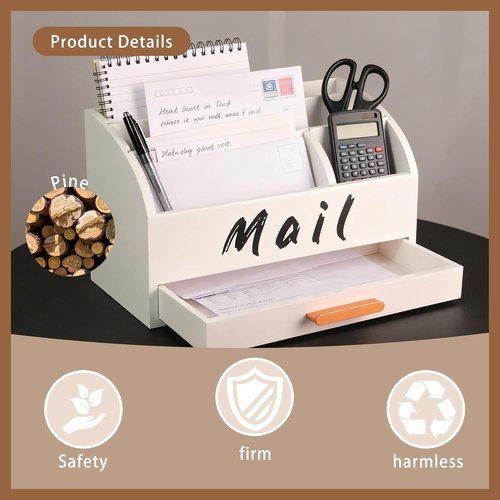 Goprety Mail Organizer - Wooden Desktop Bill Holder with Drawers for Home & Office Management