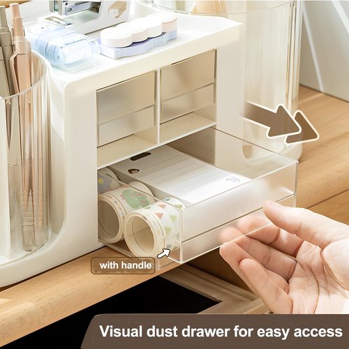 INSTOME Rotating Desk Organizer with 2 Pen Holders & 3 Drawers – All-In-One Multifunctional Storage with Butterfly Sticker for Office, School, or Home | Neutral Beige & Cream Aesthetic