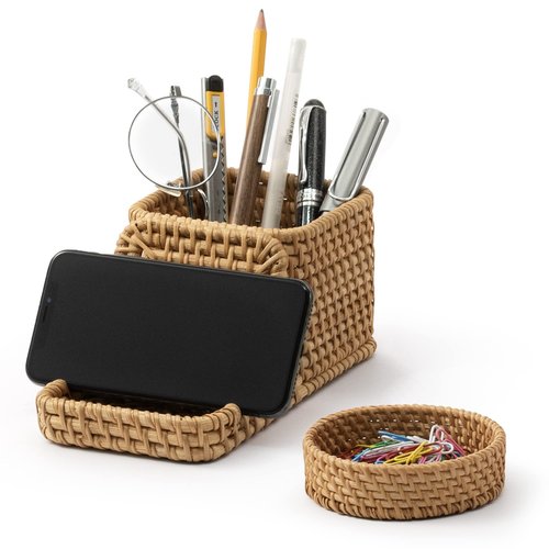 GAIAMADE Pen Holder with Phone Stand and Paper Clip Holder Bundle, Wicker Pencil Holder and Paper Clip Cup, Pencil Holder with Cell Phone Stand for Office Desk Organization and Home Decoration