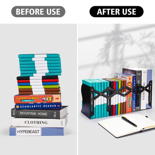 2PCS Adjustable Bookends, Metal Book Ends for Heavy Book, 2 Dividers, Nonslip Book Stander for Desk, Shelf, Office, Stationery Gift, Extends up to 19 inches (Black)