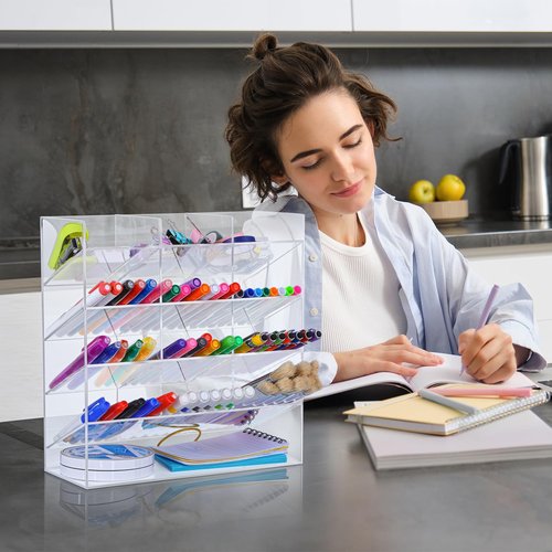 wutfuooo Acrylic Pen Organizer Storage Vertical Marker Organizer Acrylic Pen Display Holder for Office Desk Desktop Stationery Pencil Storage(Clear,10.2 x 4 x 9.8 Inch)