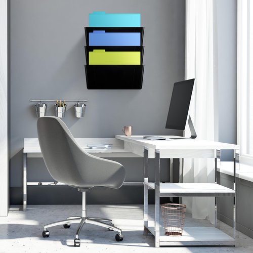 Threehoney 3 Pcs Black Single Pocket Wall Mount File Holder Legal Size Plastic Office Wall Organizer with Double Sided and Screws Hanging File Organizer Mails Wall Folder Holder for Office and Home