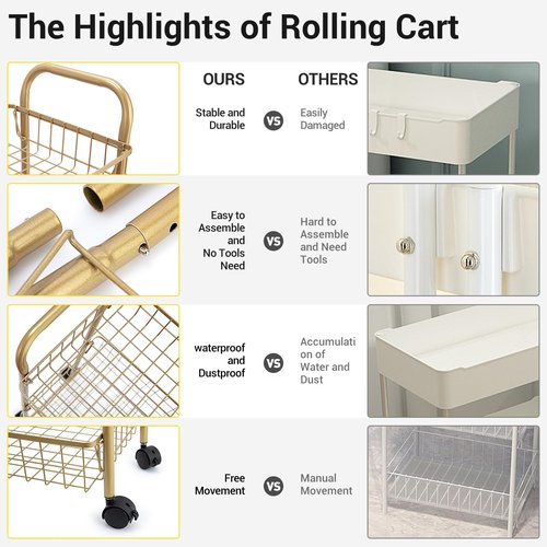 MNOPQ 3 Tier Rolling Utility Cart, Storage Trolley Service Cart with Wheels Easy Assembly for Kitchen, Living Room, Office, Salon, Gold