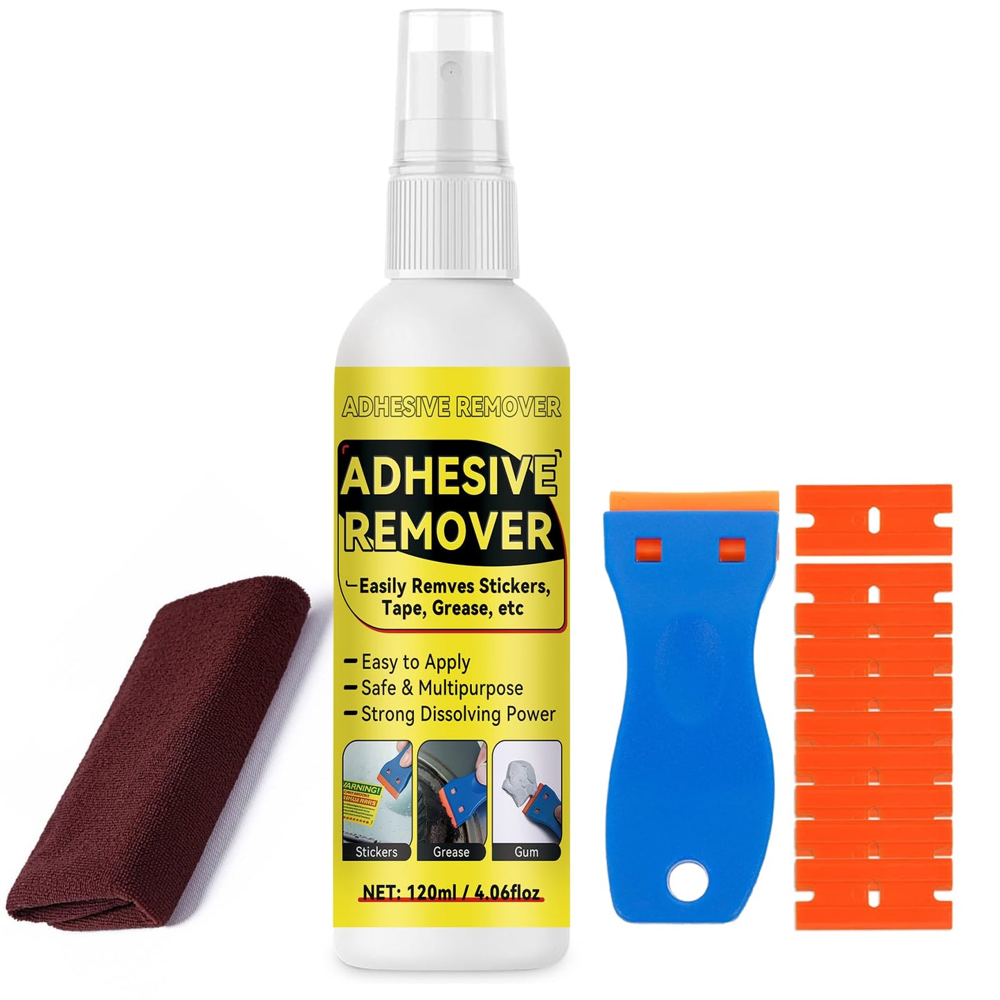 Nexkayee Adhesive Remover, Multipurpose Sticker and Label Cleaner, Surface-Safe Glue Remover with Plastic Scraper, Quickly Removes Decals, Tape Residue, Gum, Tar and Grease, 4.06 fl oz (120ml)