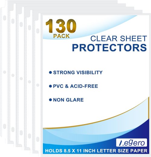 Aegero Clear Sheet Protectors - 130 Pack | 8.5 x 11 Inch Top Loading Page Protectors for Binders