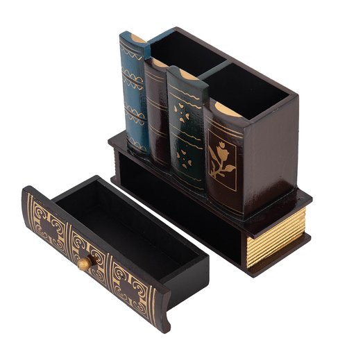 VERGOODR Decorative Pencil and Pen Holder with Storage Drawer, Wooden Desk Organizer Caddy, Antique Library Books Design Pen Cup for Office Supplies, Countertop, Desk,Table (Red)