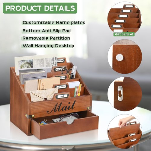 VOOTTOU Wood Mail Organizer Countertop, Desktop Mail Organizer with 4 Compartments and Drawer, Mail Holder File Organizer Wall Mount, Desk Accessories & Workspace Organizers, File Paper Holder