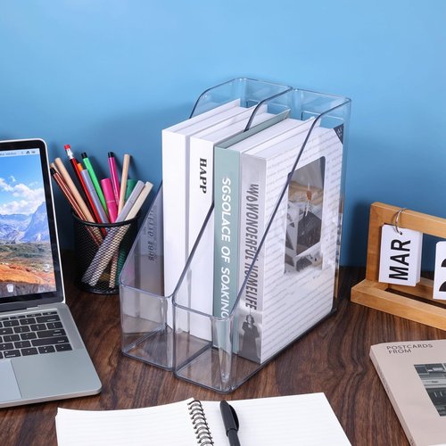 Zyghjort 2 Pack Clear Magazine File Holder, PET Magazine Shelf Desk Book Organizer Vertical Binder Storage Case for Home School Office Table Organization Supplies