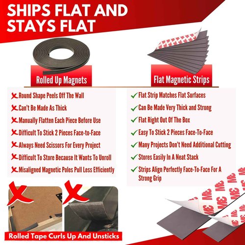 Magnetic Tape Strips with Adhesive Backing | Strong 3M Adhesive Magnets for Crafts | Flat No-Roll Flexible Sticky Magnet Sheet Stickers for Wall, Whiteboard, Fridge (100 Tape Strips - 6")