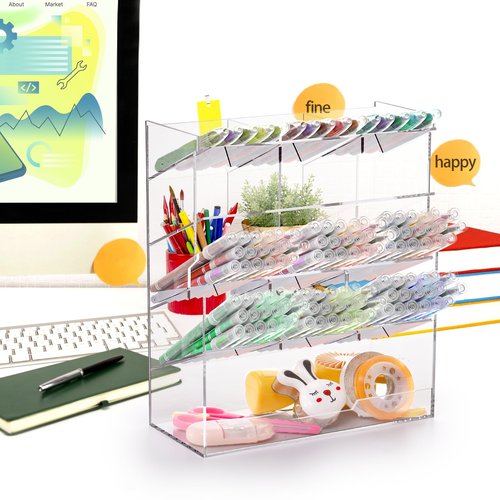 Dicunoy Desktop Pens Organizer, Acrylic Vertical Clear Art Holder for 150 Pens, 13 Compartments Angled Pen Holders for School, Office, Classroom, Stationery