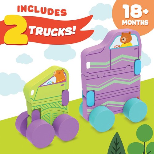 MindWare Konvertibles Transforming Wooden Trucks - 2-Piece Flip & Change Vehicle Set with Carry-Along Box for 3D Road Scene, Ideal Toddler Toy for Ages 18 Months+