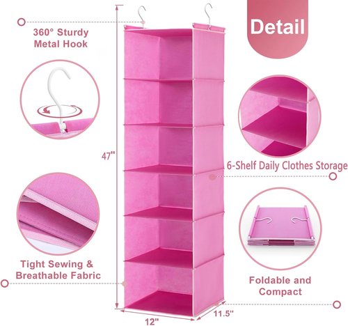 MAX Houser 6-Shelf Hanging Closet Organizer - Space-Saving Storage Solution with 2 Hooks | Foldable Pink Design