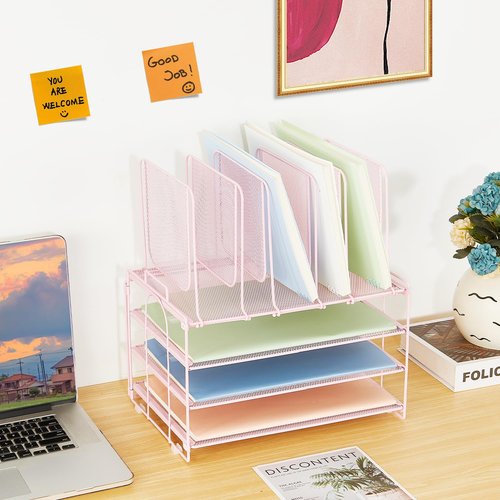 ORDROLL Desk Paper Organizer with Handle,3 Tier Letter Trays with 5 Vertical File Holder,Paper Storage,Desktop Organizer for Classroom,Home or Office,Pink