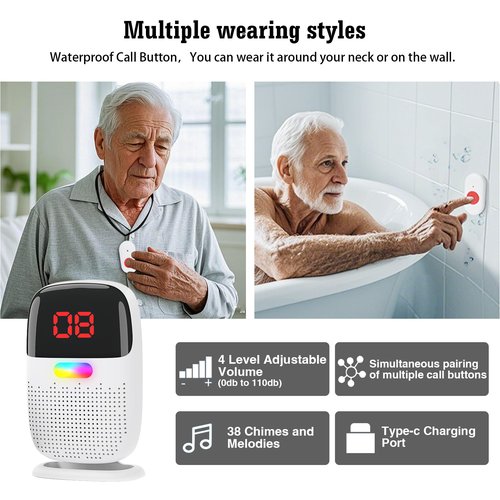Caregiver Pager System with Digital Display for Elderly Assistance, Fall Prevention, and Nurse Calling，Wearable Wireless Pager for Patient Help at Home (2 Call Buttons + 2 Receivers)