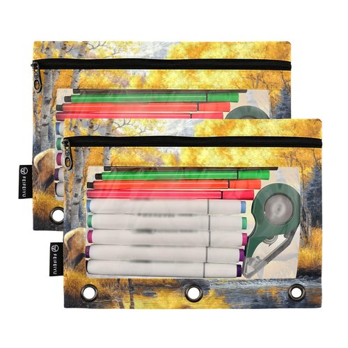 XDKDZIS The Elk by The River Grass Pencil Pouch for 3 Ring Binder, Binder Pouches with Zipper Bulk, Pen Holder Case 2 Packs