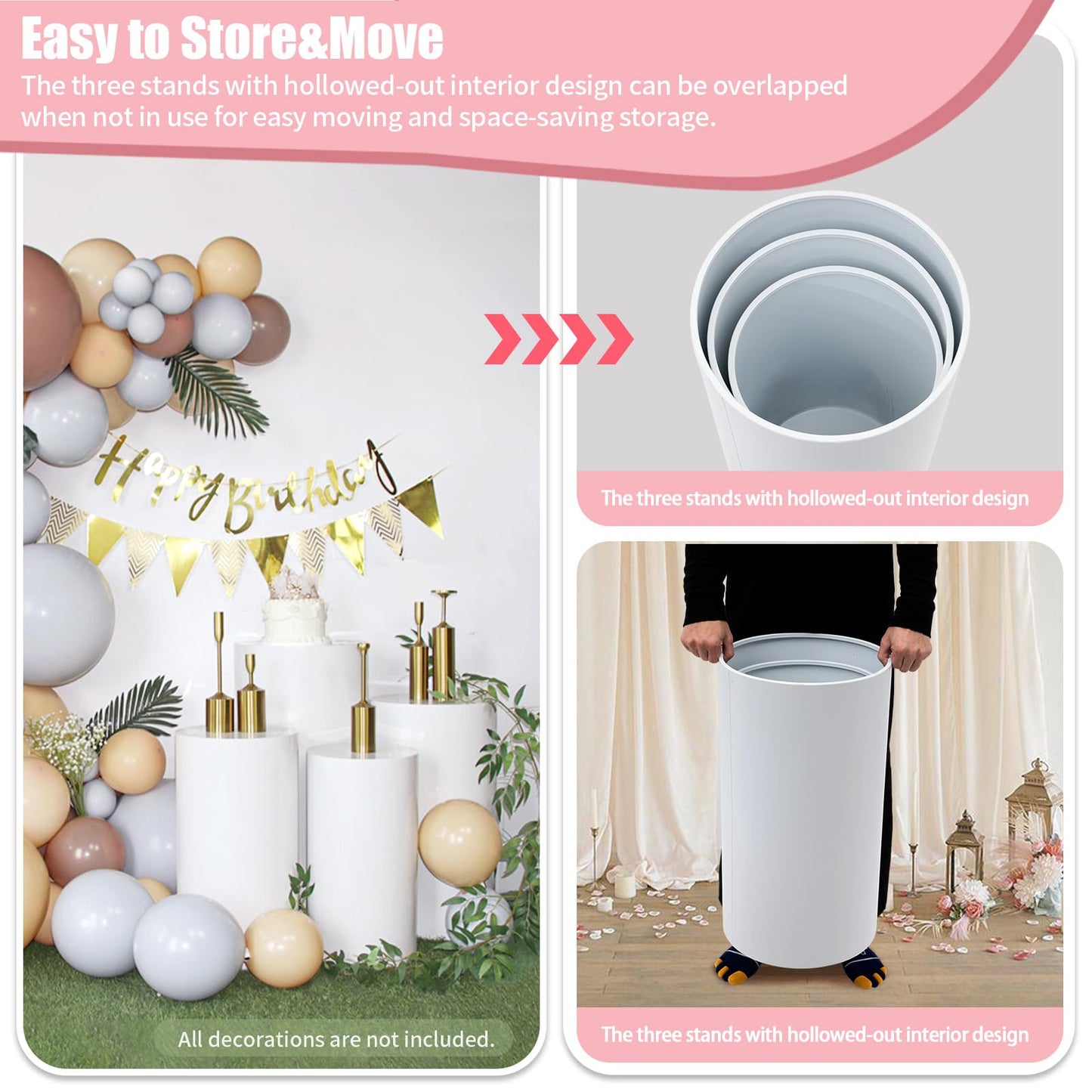 3 Pcs Cylinder Pedestal Stands, White Metal Cylindrical Display Stands Dessert Cake Table Display Pillars, DIY Fun Simple Elegant Round Plinth Pillar for Wedding Baby Shower Birthday Event Decor
