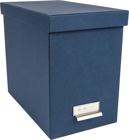 Bigso John Fiberboard Label Frame Desktop File Storage Box - Document Organizer for Important Paperwork - Durable Hanging File Box with a Lid & Metal Label Window - 7.4 in x 13 in x 10.4 in - Blue