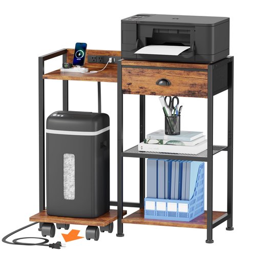 Furologee Printer Stand with Storage Drawer,Printer Table with Charging Station and USB Port,Industrial 3 Tier Shelf, Shredder Stand with Wheels,for Home Office,Rustic Brown
