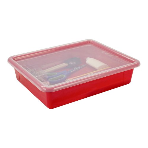 Storex Letter Size Flat Storage Tray – Organizer Bin with Non-Snap Lid for Classroom, Office and Home, Red, 5-Pack (62537A05C)