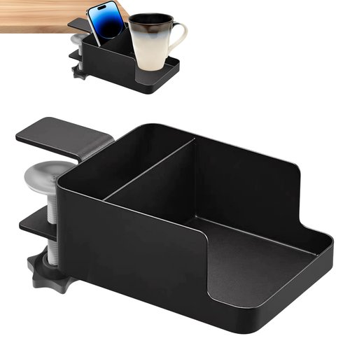 JTDER Desk Cup Holder Clamp - Ajustable Desktop Hanging Storage Rack, Clamp On Cup Holder with Cup/Phone/Pen, with Charging Hole and Spill-Proof Cup Design (Black)