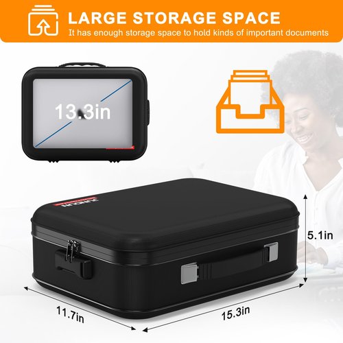 JUNDUN Fireproof Document Box,Hard Case Fireproof Document Organizer with Lock，Home Travel Portable Fireproof Safe Storage Box Case for Letter Size Documents,Files,Papers and Passport,Black