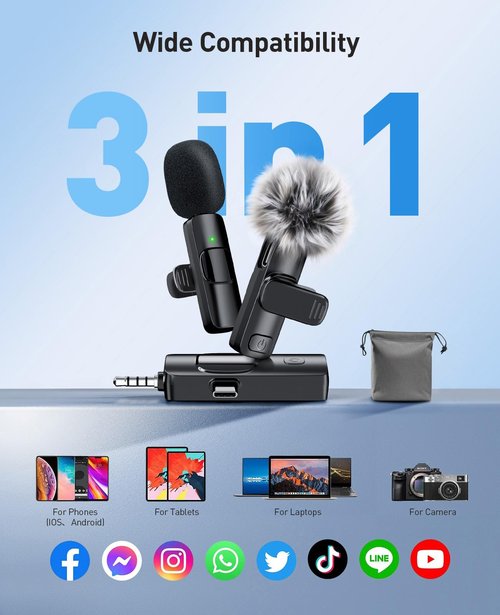 MENERESAS 3-in-1 Mini Microphone for iPhone: Wireless Lavalier Microphones for iOS/Android Devices/Camera - Noise Reduction Lapel Mic - Clip on Mic for Video Recording, Multifunctional