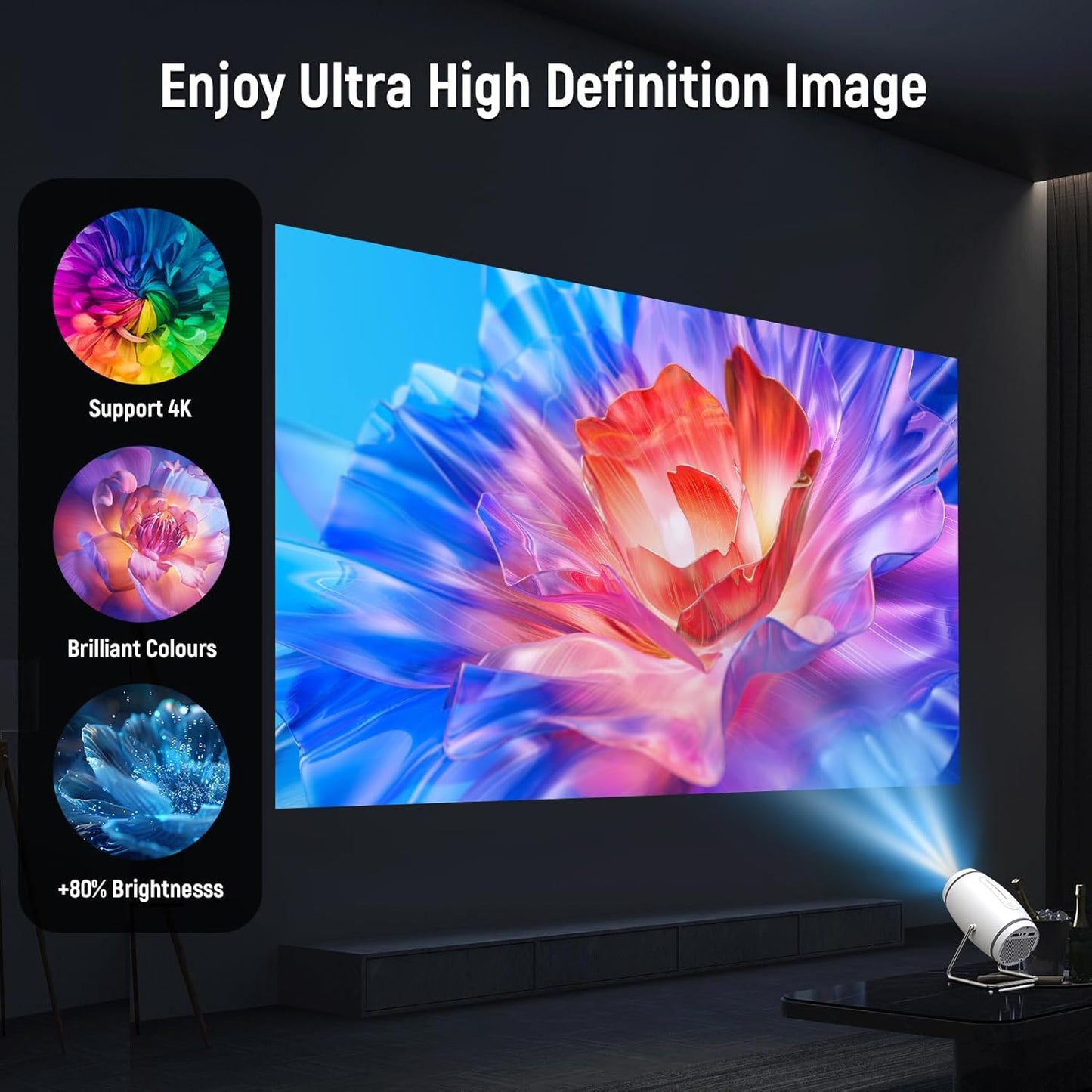 Skiennix Mini Projector - 4K 1080P WiFi & Bluetooth Portable Projector | 180° Rotatable, 130'' Screen