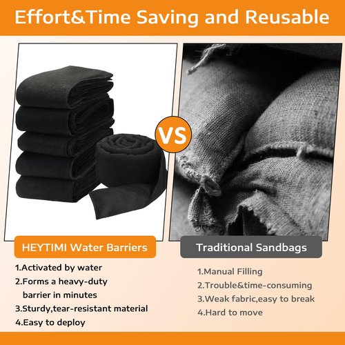 6 Pcs Water Activated Barrier for Flooding 5 Ft x 6.5 Inch Absorbent Flood Barriers for Home Sandless Sandbag Reusable Water Diverter for Door Garage Basement Prevention Rain Hurricane Black