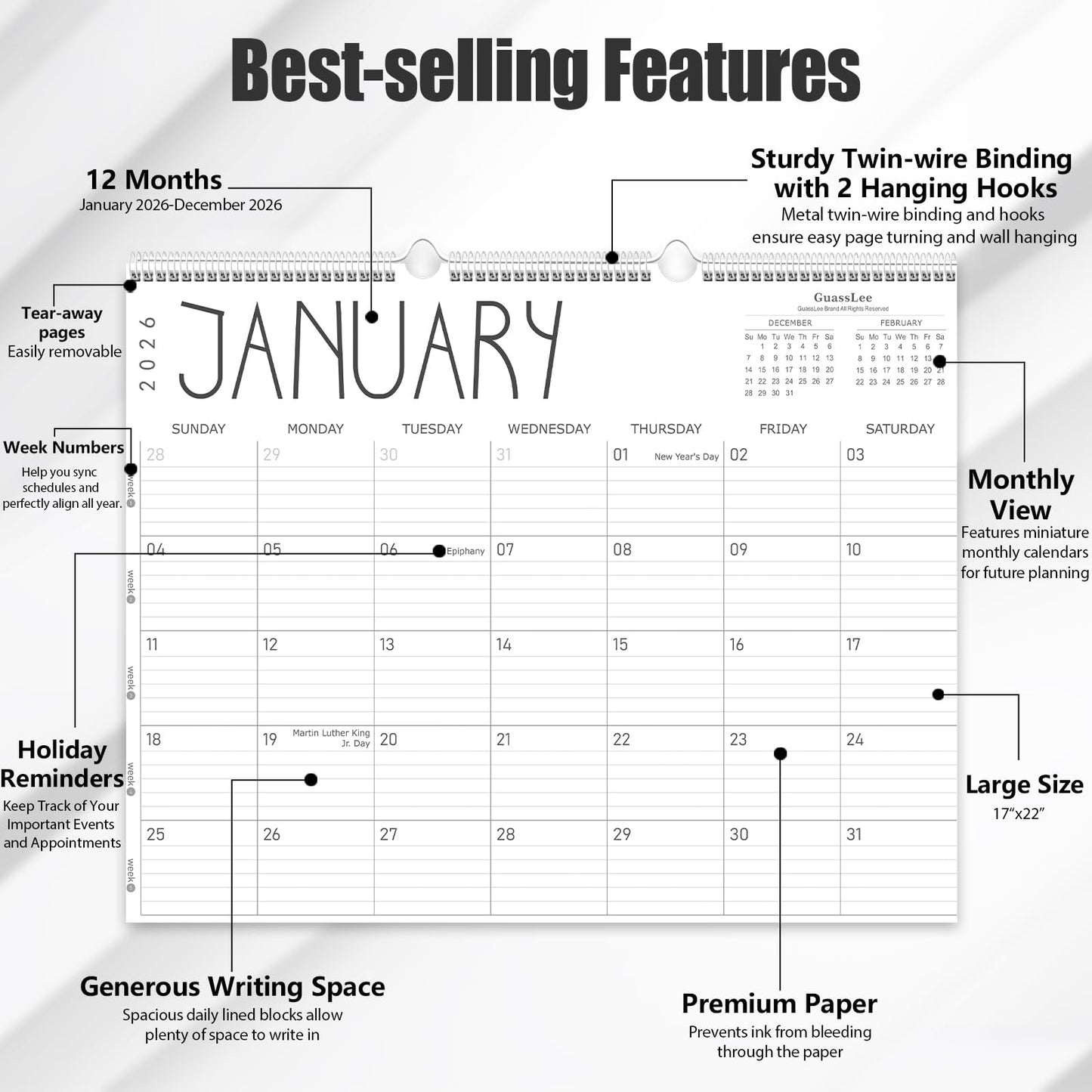 GuassLee Wall Calendar 2026-2027, 24-Month Wall Calendar Runs from January 2026 until December 2027,14" X 11" Hanging Monthly Planner with Thick Paper, Ruled Blocks for Home School Office Organizing