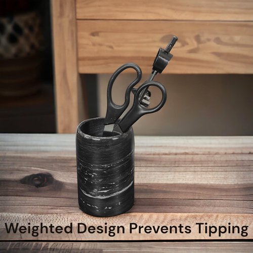 Hapton House Black Natural Marble Pen Holder - Pencil Holder - Makeup Brush Holder - Toothbrush Holder - Office and Bathroom Organizer - Home Décor