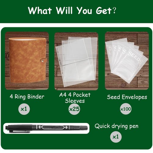 BmBpWOW Garden Seed Storage Organizer Binder: 100 Resealable Envelopes + 25 Sheet 100 Pockets Protectors | Durable Organizer for Seed Packets, Saving & Planting - Brown